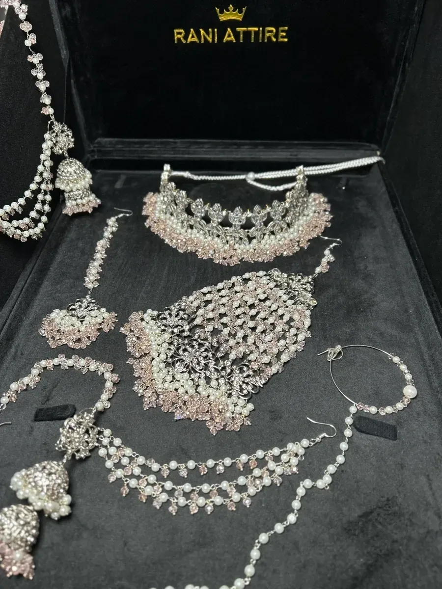 Pakistani Silver and Pink Choker + Baby Pink with Pearls heavily beaded Bridal Set - Jewelsbyrani