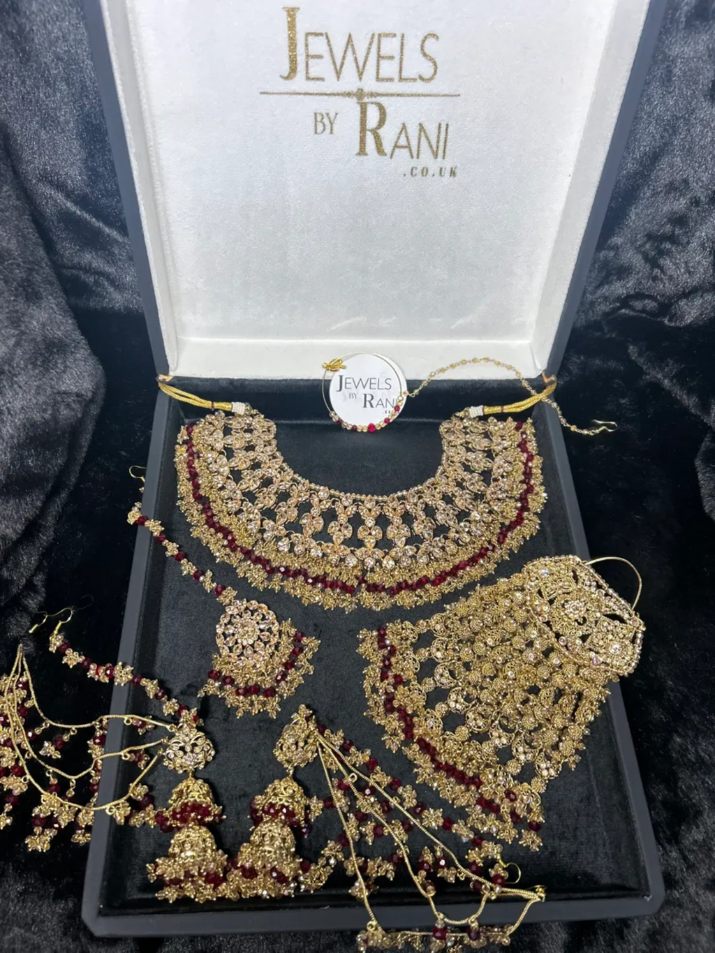 PRE ORDER: 6 Week Making time- Beautiful Maroon & Gold 24 crt Gold Plated Bridal Jewellery Set - Jewelsbyrani