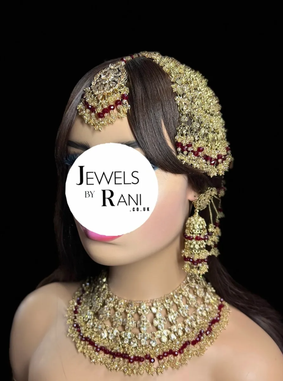 PRE ORDER: 6 Week Making time- Beautiful Maroon & Gold 24 crt Gold Plated Bridal Jewellery Set - Jewelsbyrani