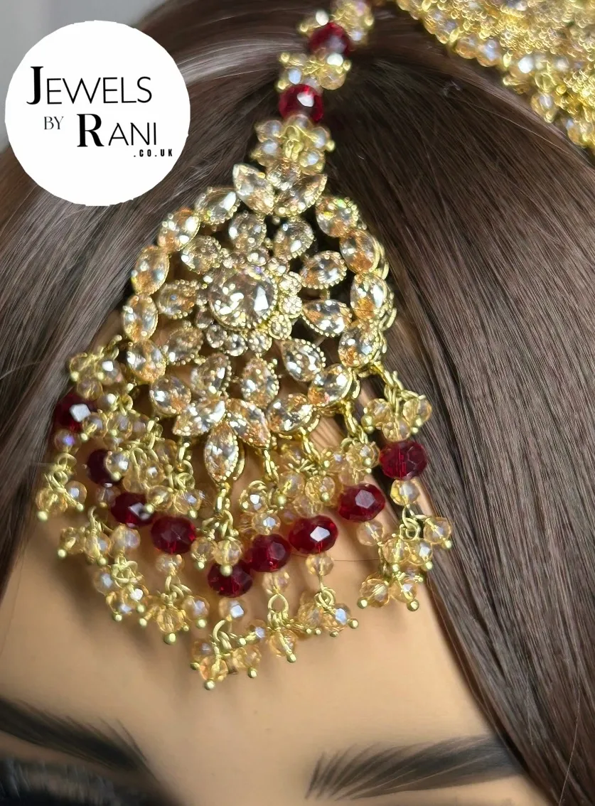PRE ORDER: 6 Week Making time- Beautiful Maroon & Gold 24 crt Gold Plated Bridal Jewellery Set - Jewelsbyrani