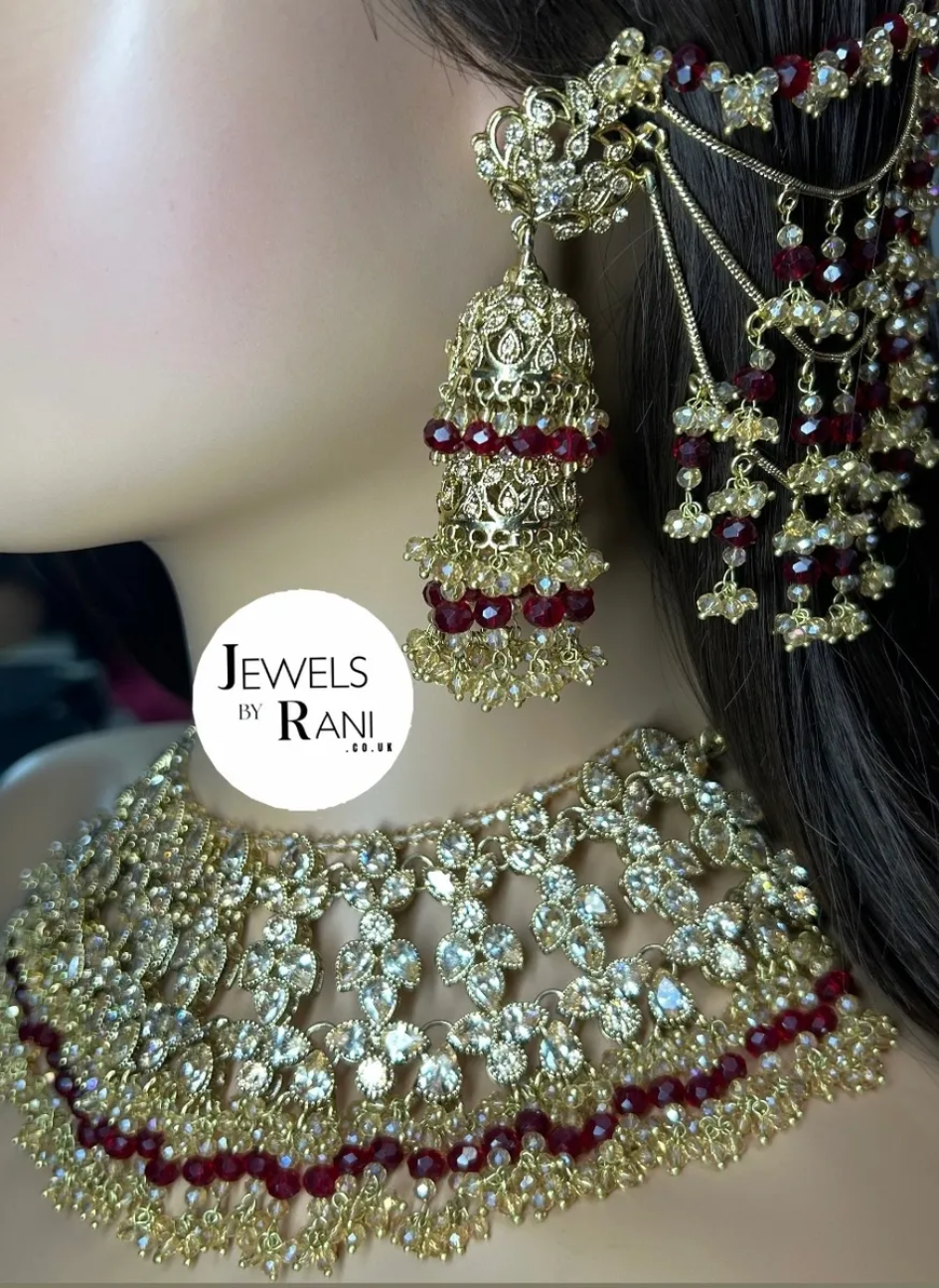 PRE ORDER: 6 Week Making time- Beautiful Maroon & Gold 24 crt Gold Plated Bridal Jewellery Set - Jewelsbyrani