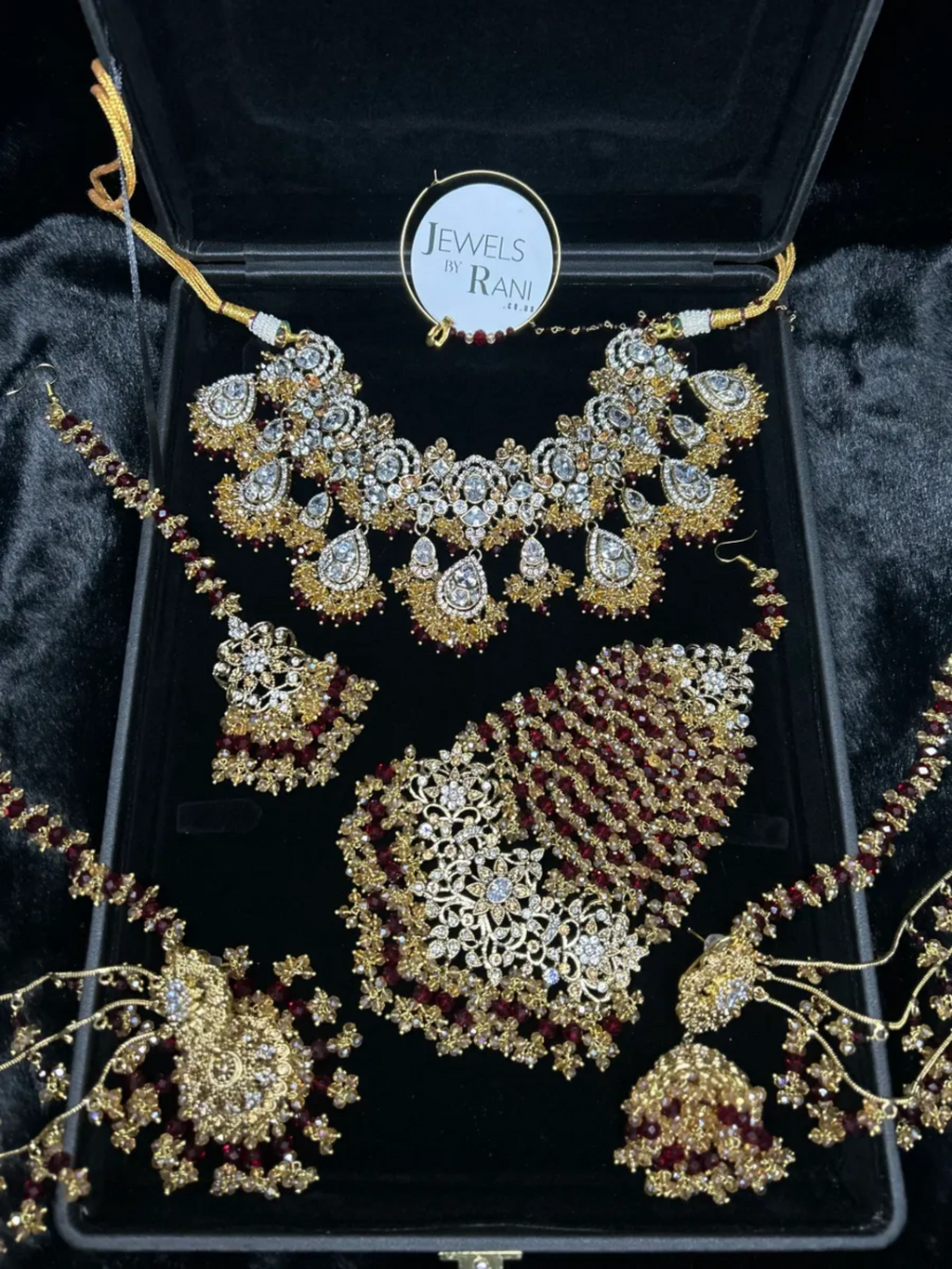 PRE ORDER: 6 Week Making time- Trending Maroon & Silver 24 crt Gold Plated Bridal Jewellery Set - Jewelsbyrani