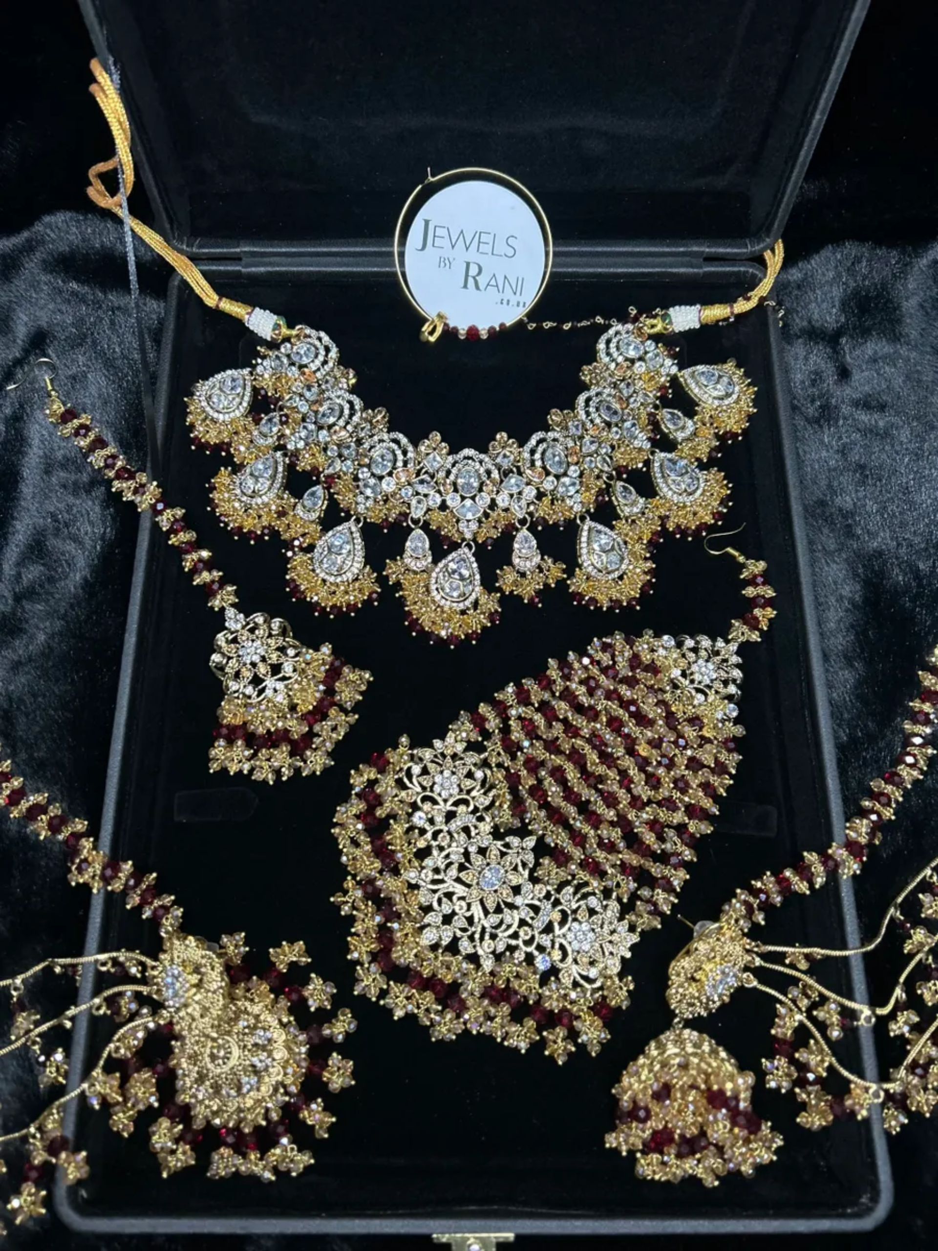 PRE ORDER: 6 Week Making time- Trending Maroon & Silver 24 crt Gold Plated Bridal Jewellery Set - Jewelsbyrani