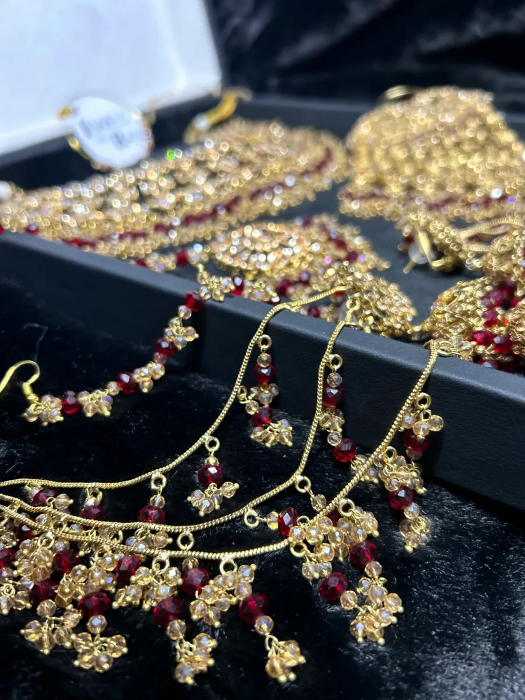 PRE ORDER: 6 Week Making time- Beautiful Maroon & Gold 24 crt Gold Plated Bridal Jewellery Set - Jewelsbyrani