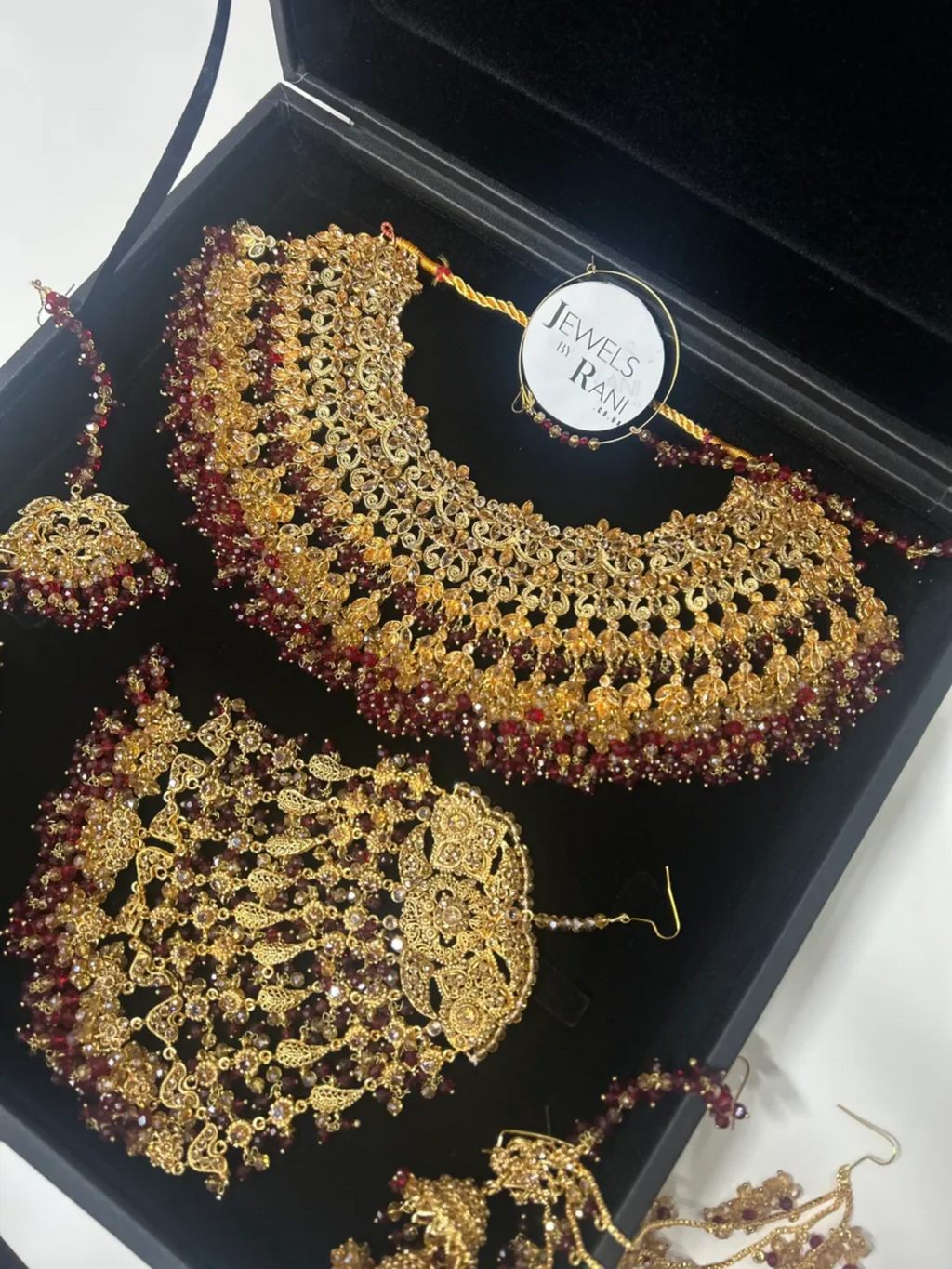 Stunning, Maroon & Gold Pakistani Full Bridal Necklace Set - Jewelsbyrani