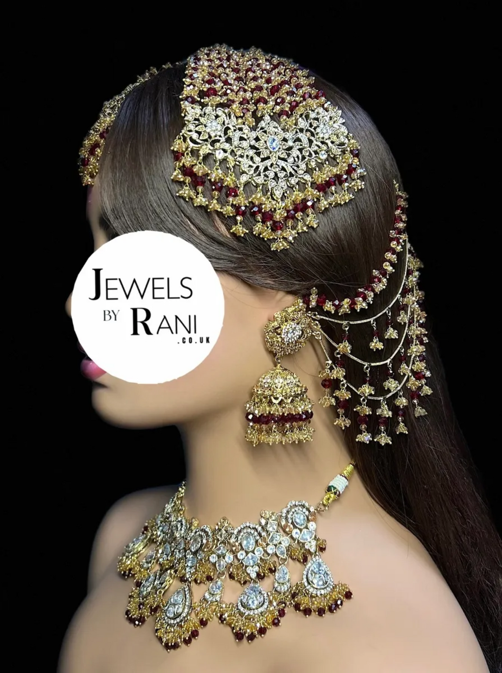 PRE ORDER: 6 Week Making time- Trending Maroon & Silver 24 crt Gold Plated Bridal Jewellery Set - Jewelsbyrani