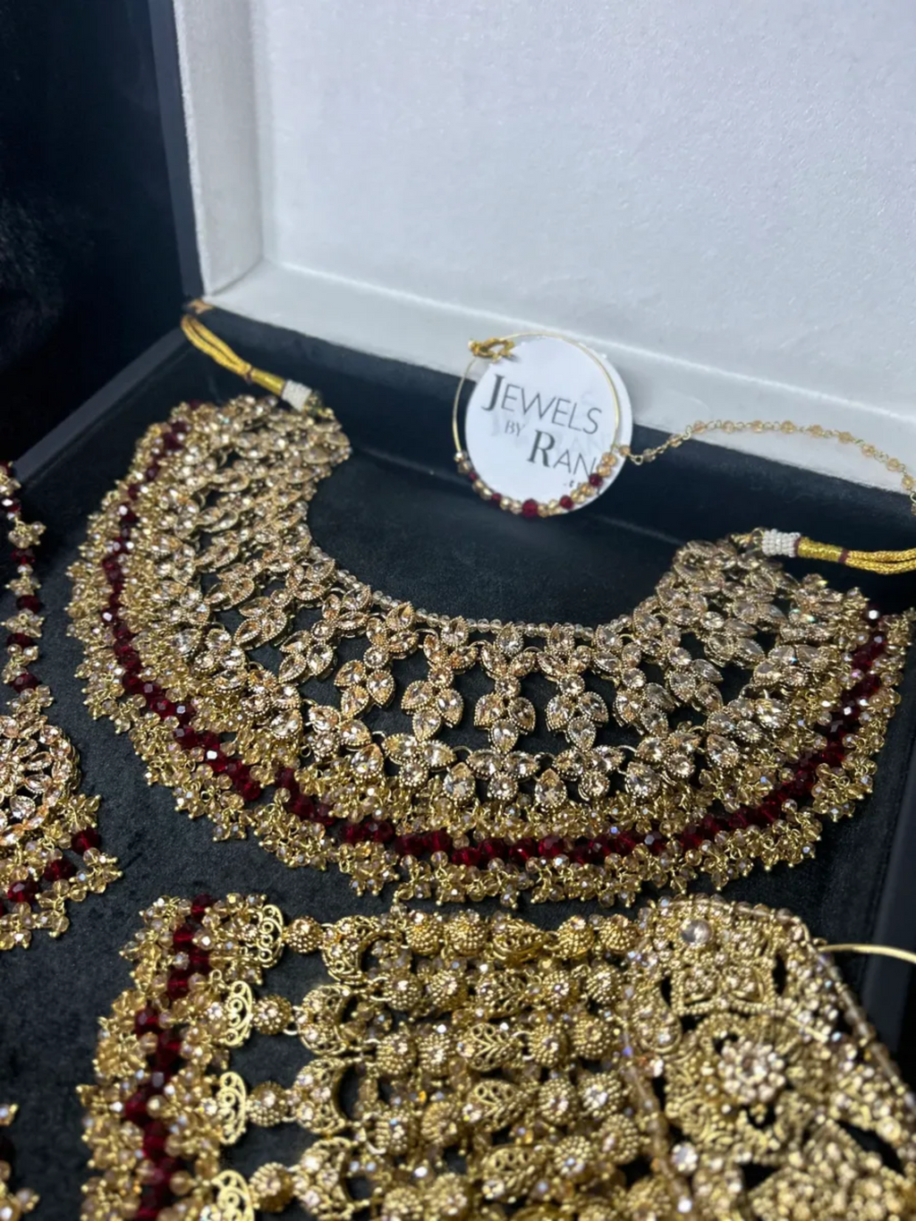 PRE ORDER: 6 Week Making time- Beautiful Maroon & Gold 24 crt Gold Plated Bridal Jewellery Set - Jewelsbyrani