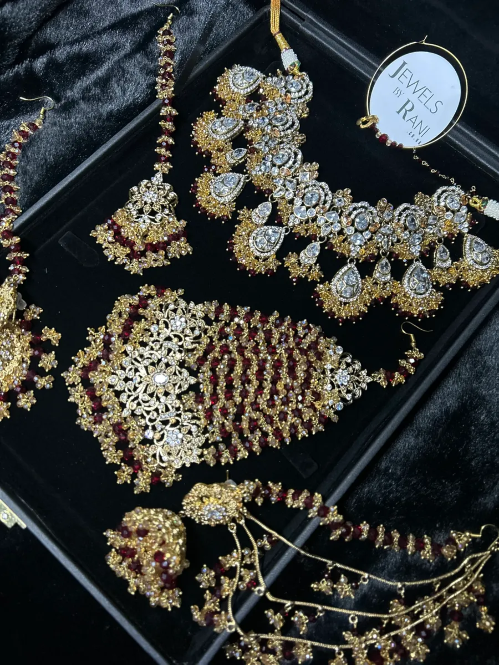 PRE ORDER: 6 Week Making time- Trending Maroon & Silver 24 crt Gold Plated Bridal Jewellery Set - Jewelsbyrani