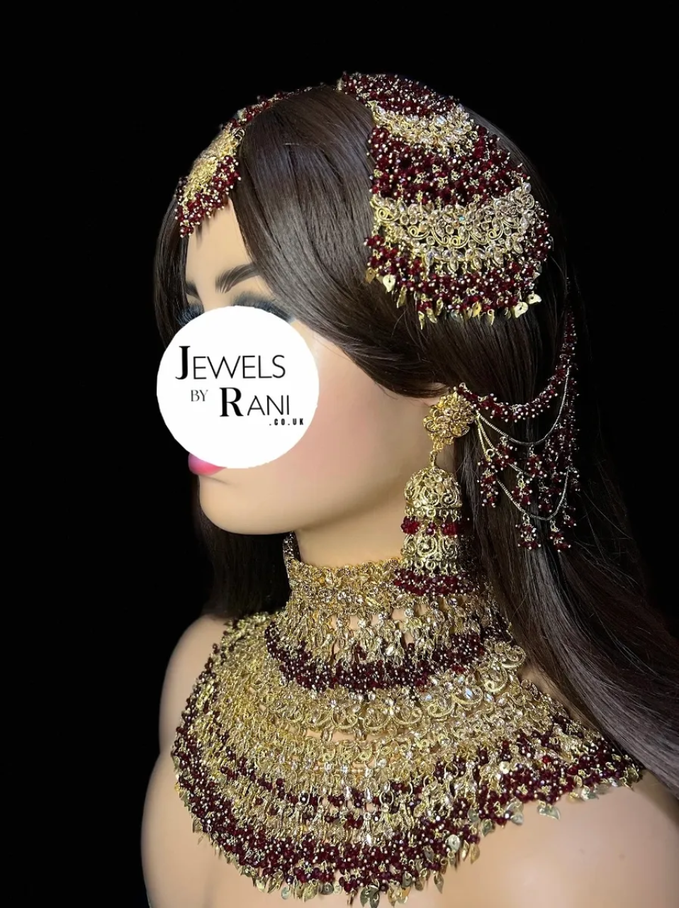 Pre Order 6 Weeks- Beautiful Pakistani Maroon & Gold Double Chocker Necklace Set - 24crt Gold Plated - Jewelsbyrani