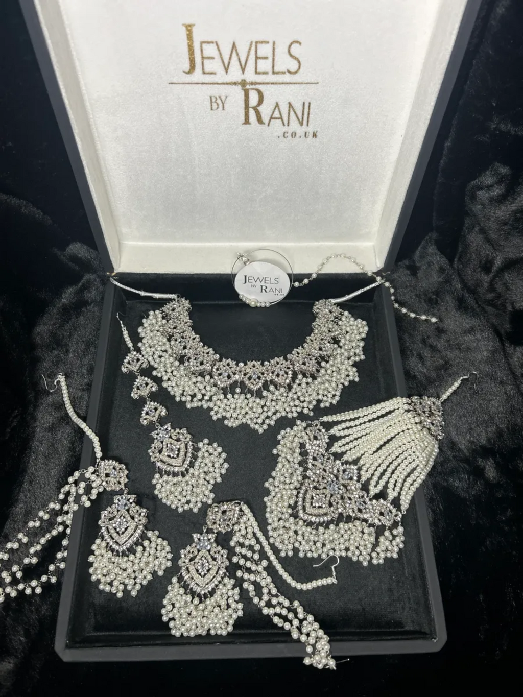 Stunning White necklace set, with heavily beaded earrings & tikka - Jewelsbyrani