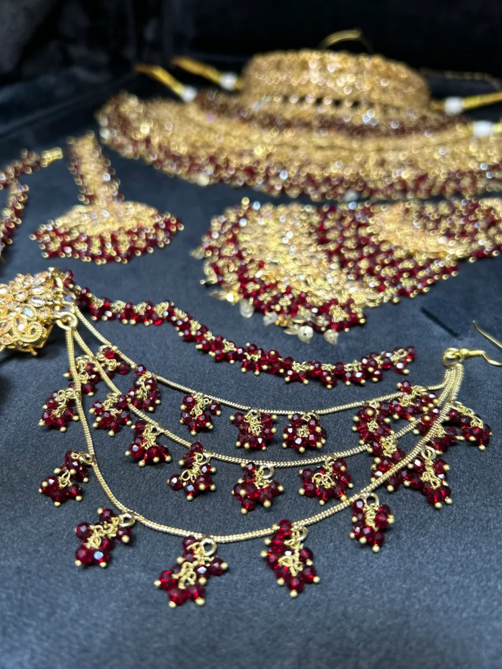 Pre Order 6 Weeks- Beautiful Pakistani Maroon & Gold Double Chocker Necklace Set - 24crt Gold Plated - Jewelsbyrani