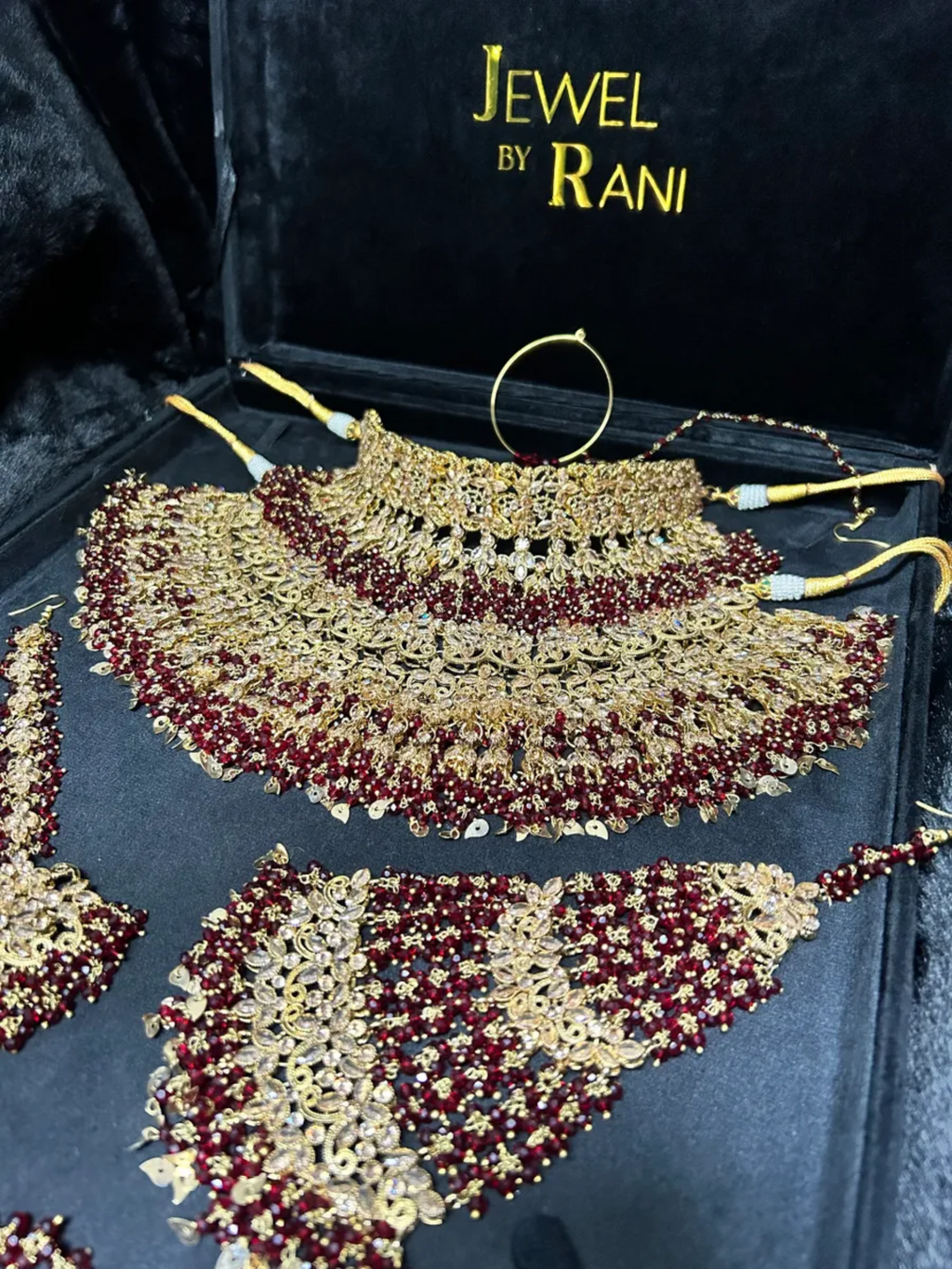 Pre Order 6 Weeks- Beautiful Pakistani Maroon & Gold Double Chocker Necklace Set - 24crt Gold Plated - Jewelsbyrani