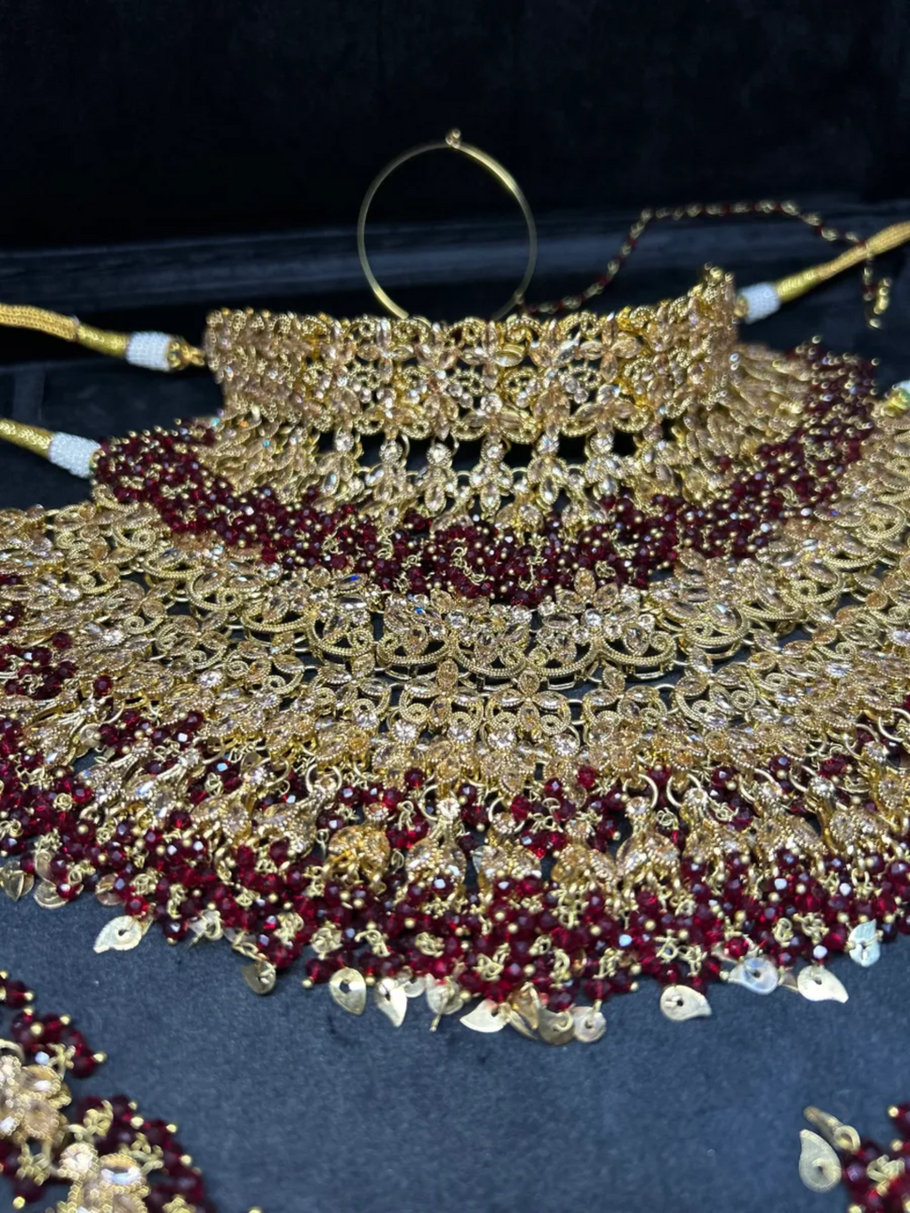 Pre Order 6 Weeks- Beautiful Pakistani Maroon & Gold Double Chocker Necklace Set - 24crt Gold Plated - Jewelsbyrani