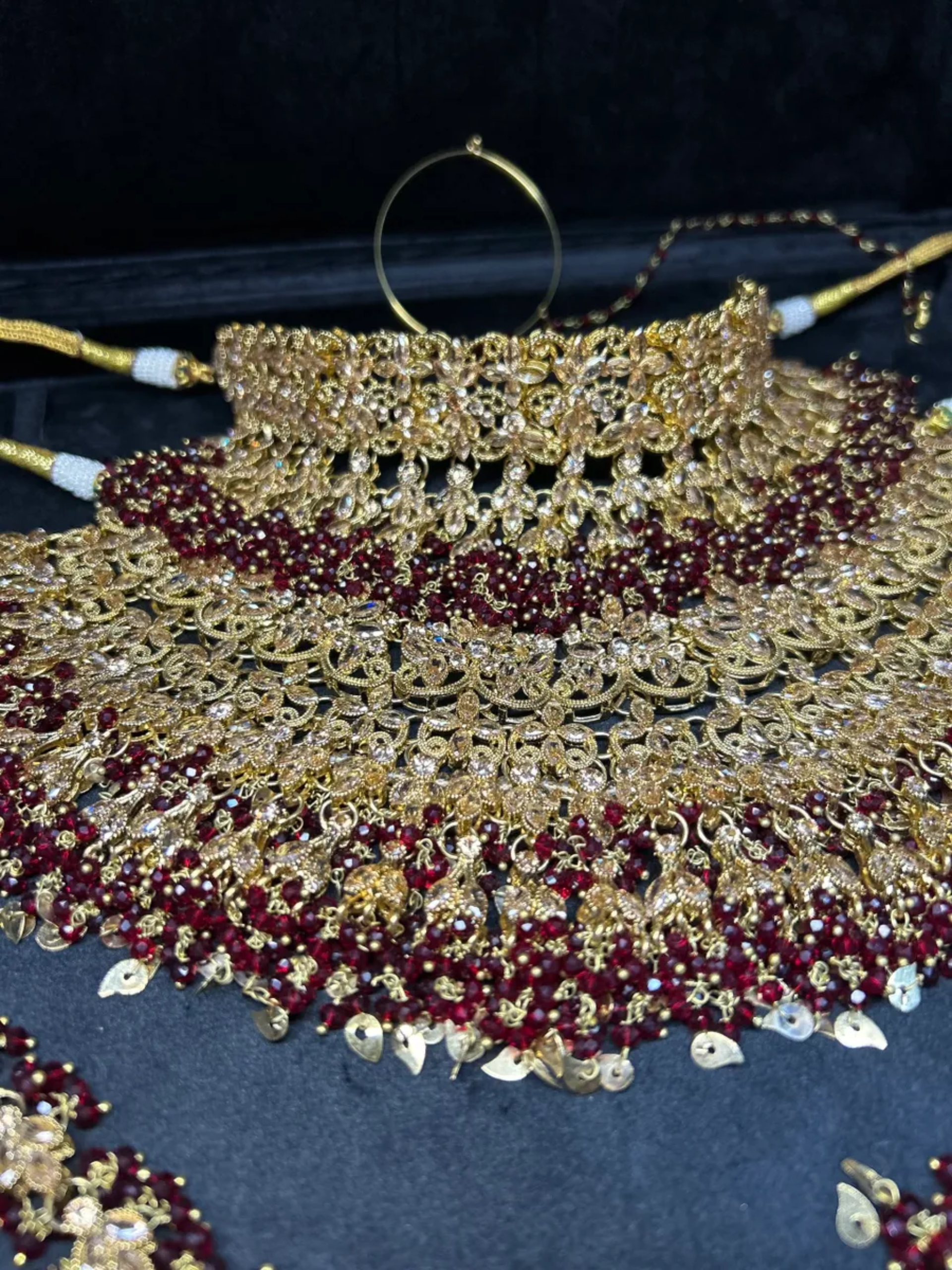 Pre Order 6 Weeks- Beautiful Pakistani Maroon & Gold Double Chocker Necklace Set - 24crt Gold Plated - Jewelsbyrani