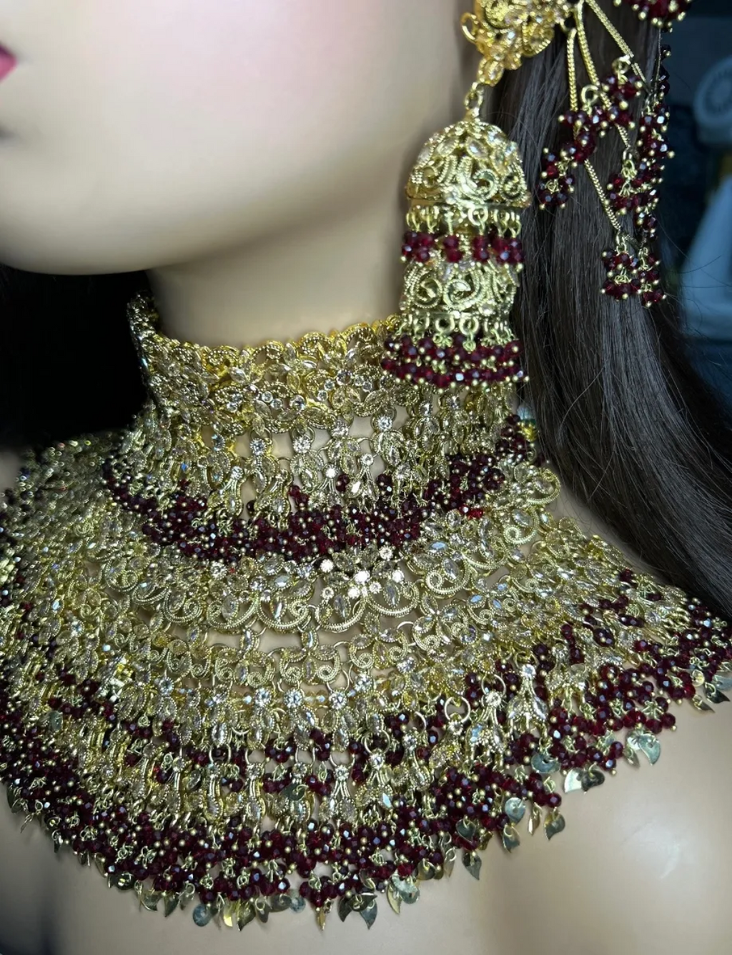 Pre Order 6 Weeks- Beautiful Pakistani Maroon & Gold Double Chocker Necklace Set - 24crt Gold Plated - Jewelsbyrani