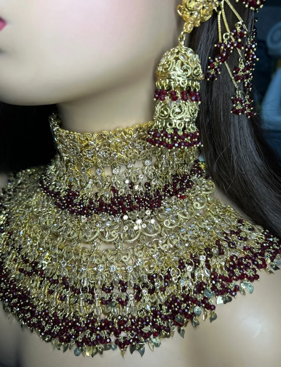 Pre Order 6 Weeks- Beautiful Pakistani Maroon & Gold Double Chocker Necklace Set - 24crt Gold Plated - Jewelsbyrani