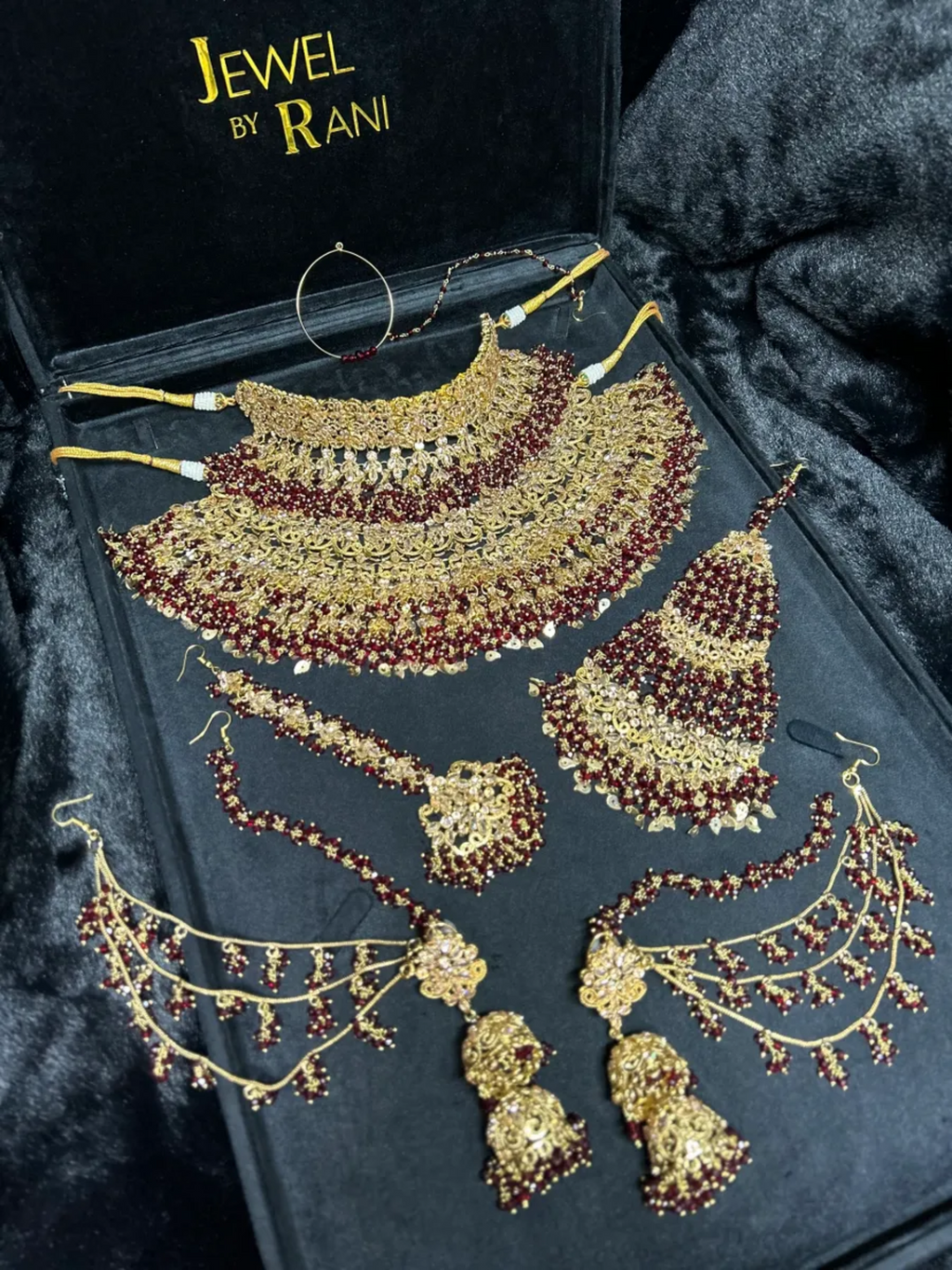 Pre Order 6 Weeks- Beautiful Pakistani Maroon & Gold Double Chocker Necklace Set - 24crt Gold Plated - Jewelsbyrani