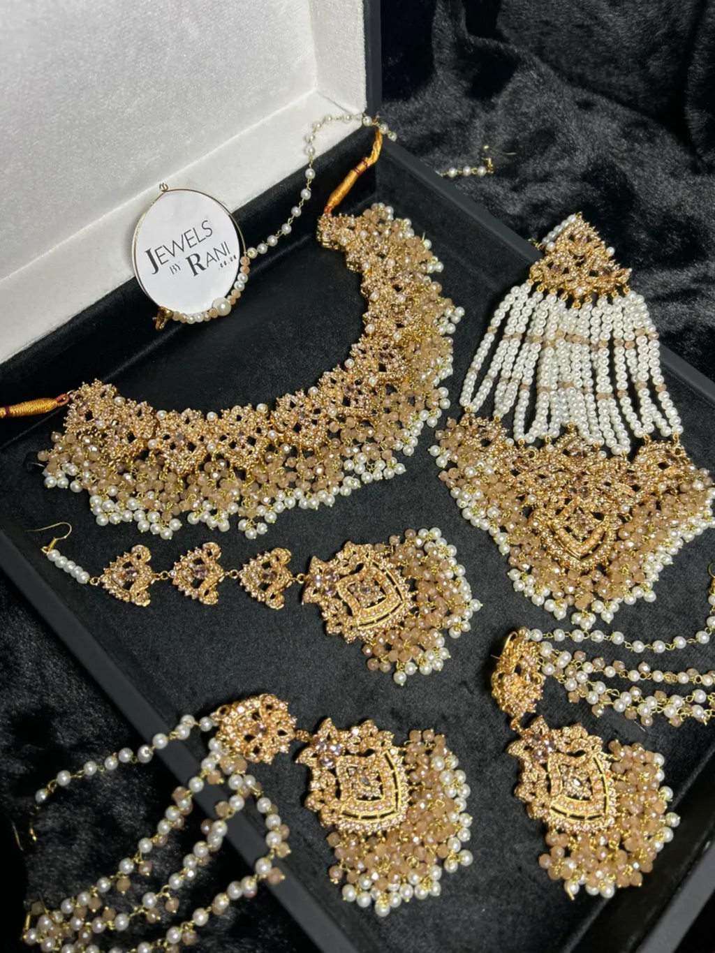 Beautiful Ivory/ Gold & White Heavily Beaded Bridal Jewellery Set - Jewelsbyrani