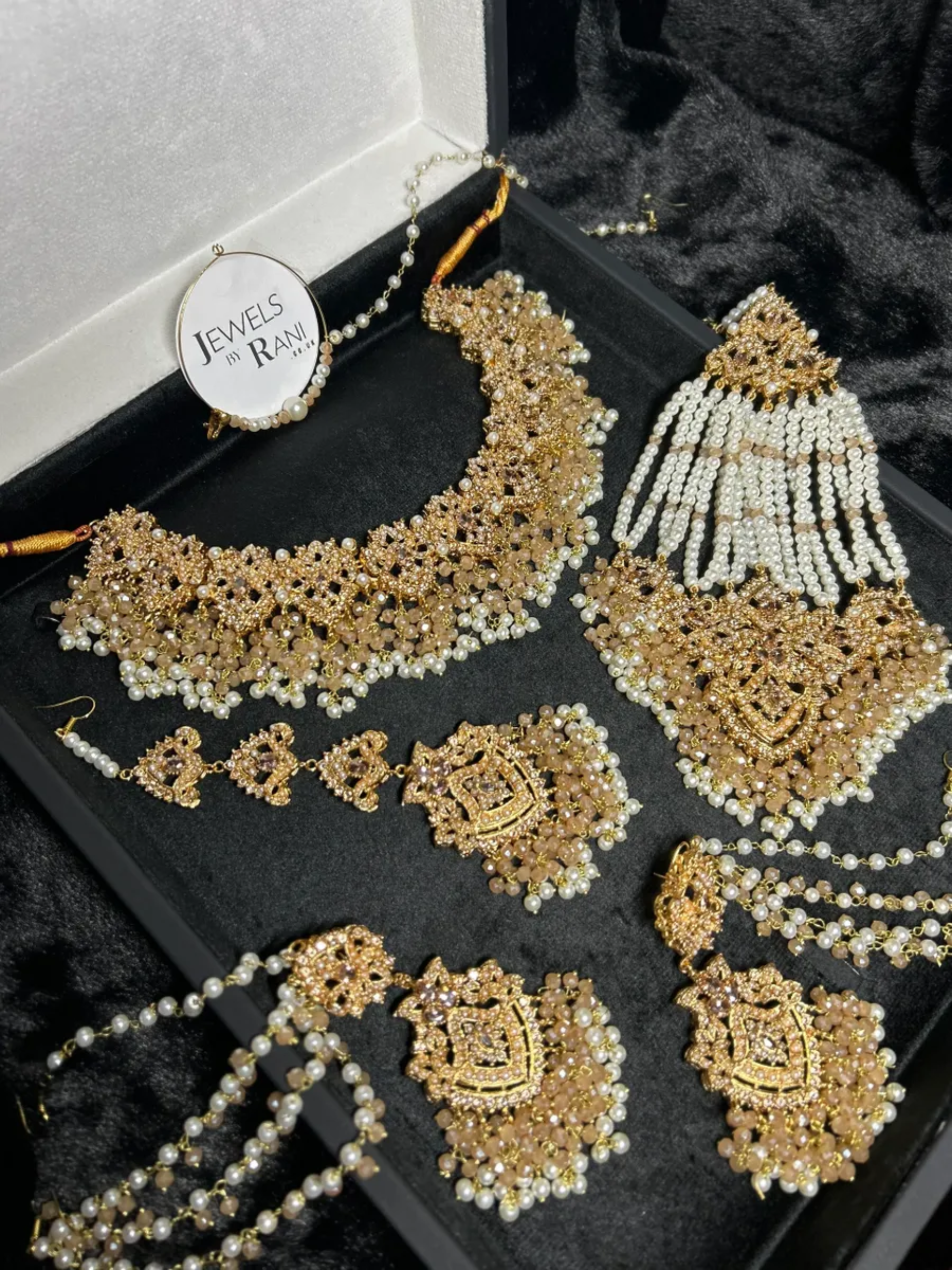 Beautiful Ivory/ Gold & White Heavily Beaded Bridal Jewellery Set - Jewelsbyrani