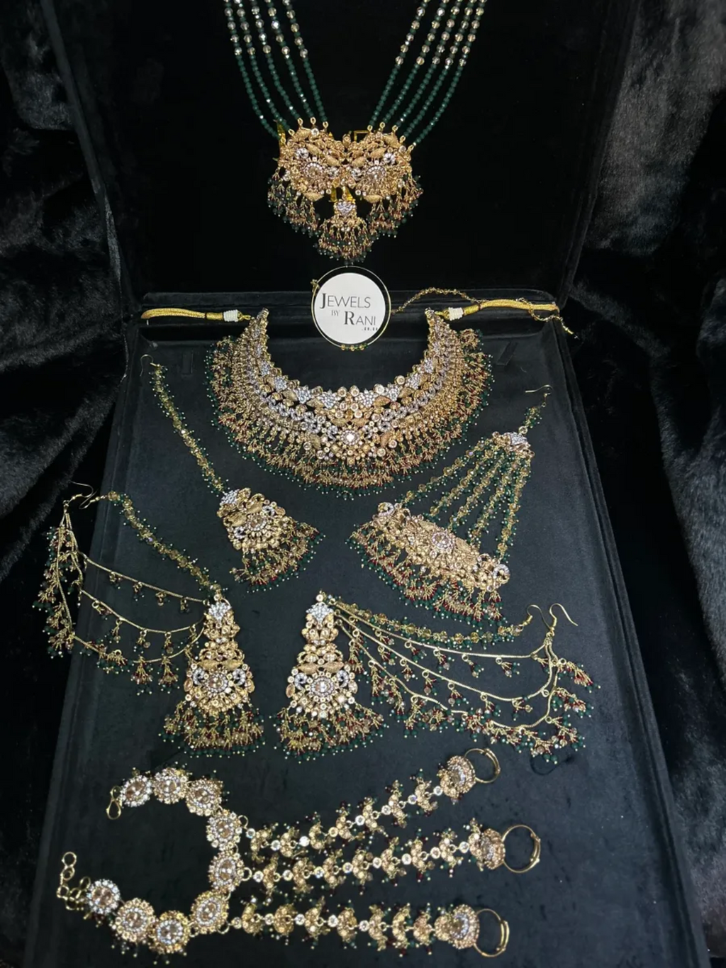 PRE ORDER 6 Weeks - Green, Deep red and Silver Necklace Set + Mala + Hand Piece - 24crt Gold Plated - Jewelsbyrani