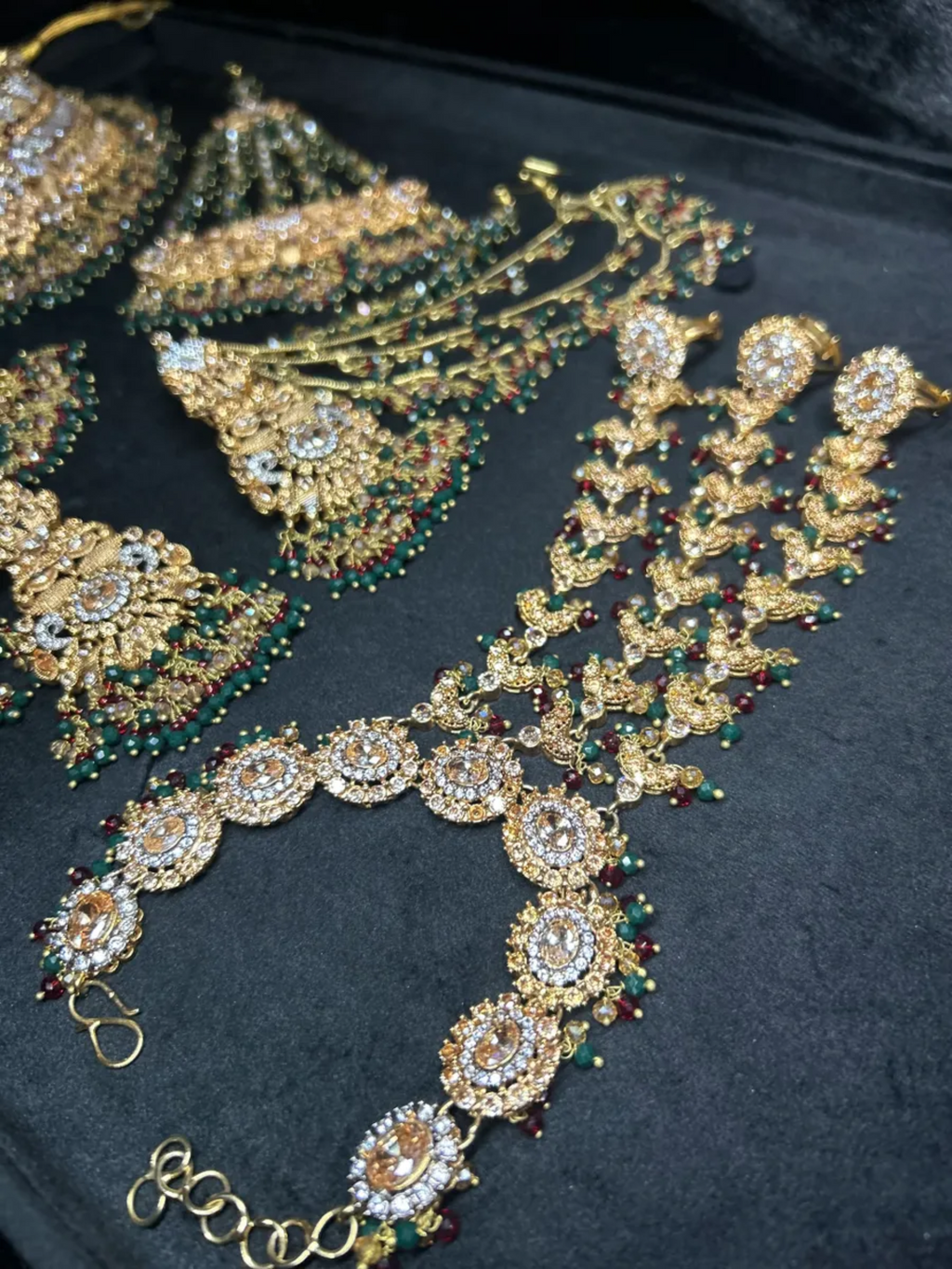 PRE ORDER 6 Weeks - Green, Deep red and Silver Necklace Set + Mala + Hand Piece - 24crt Gold Plated - Jewelsbyrani