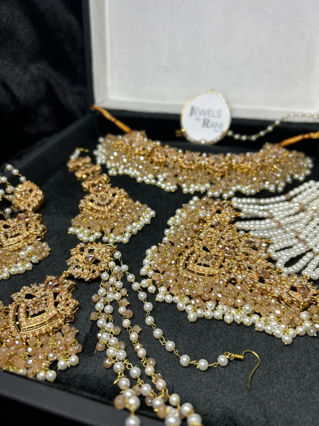 Beautiful Ivory/ Gold & White Heavily Beaded Bridal Jewellery Set - Jewelsbyrani