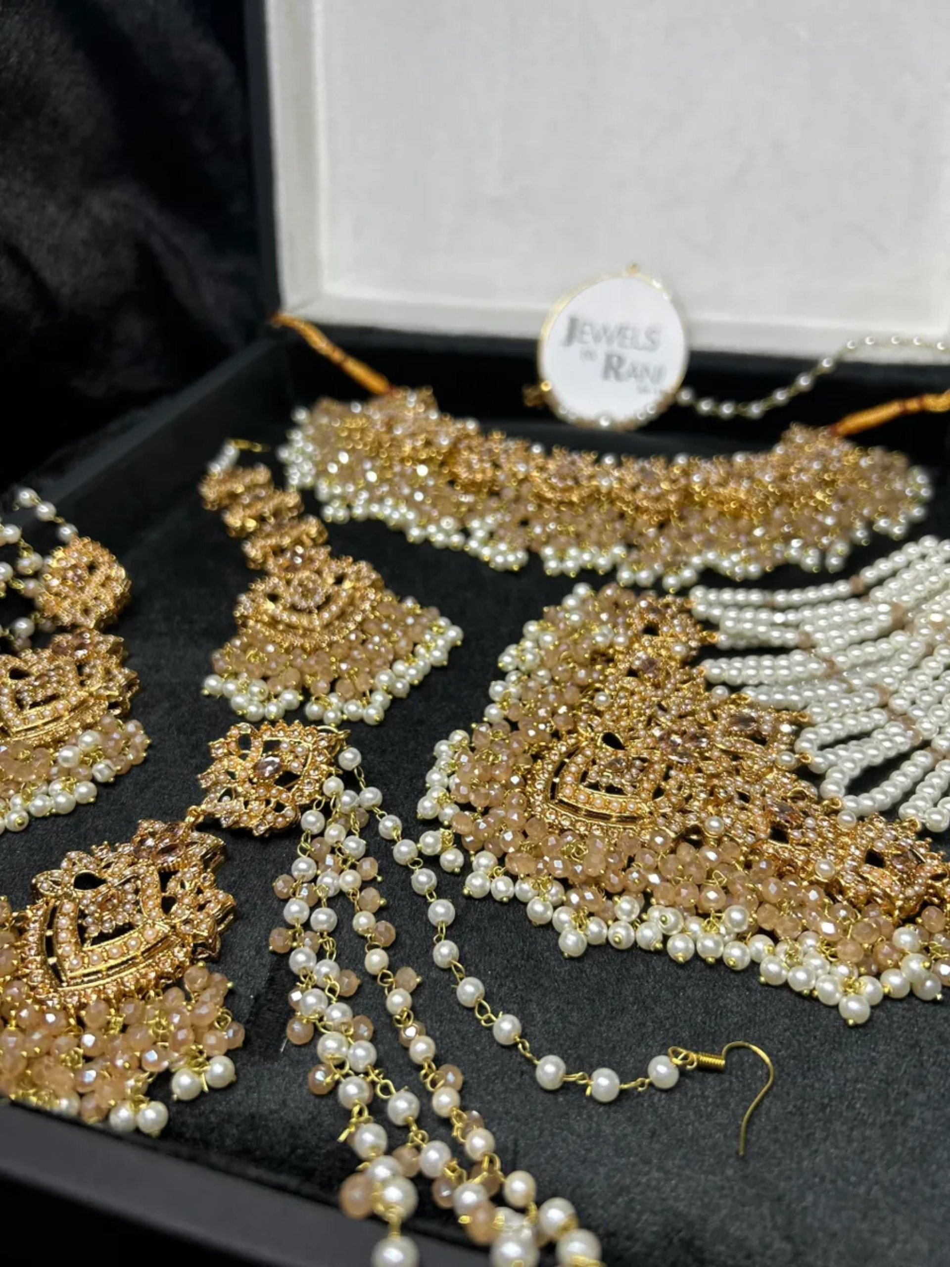 Beautiful Ivory/ Gold & White Heavily Beaded Bridal Jewellery Set - Jewelsbyrani