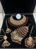 Deep Red & Gold Collar Necklace set, with heavily beaded earrings & tikka. - Jewelsbyrani