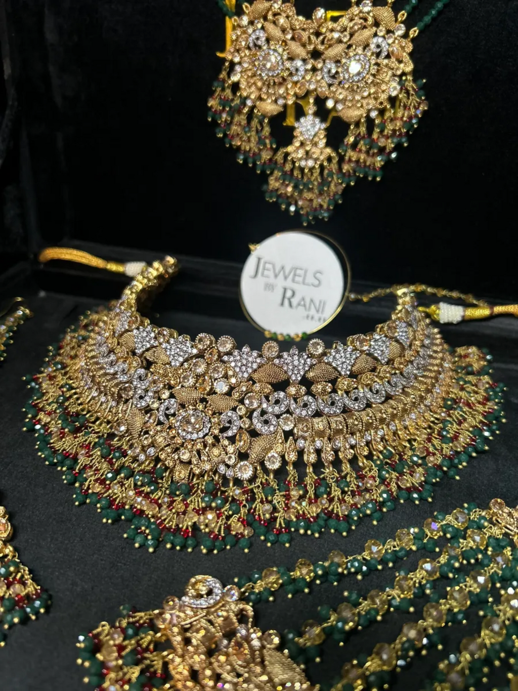 PRE ORDER 6 Weeks - Green, Deep red and Silver Necklace Set + Mala + Hand Piece - 24crt Gold Plated - Jewelsbyrani