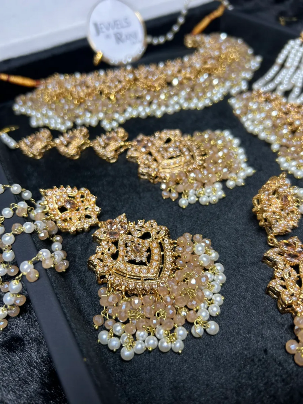 Beautiful Ivory/ Gold & White Heavily Beaded Bridal Jewellery Set - Jewelsbyrani