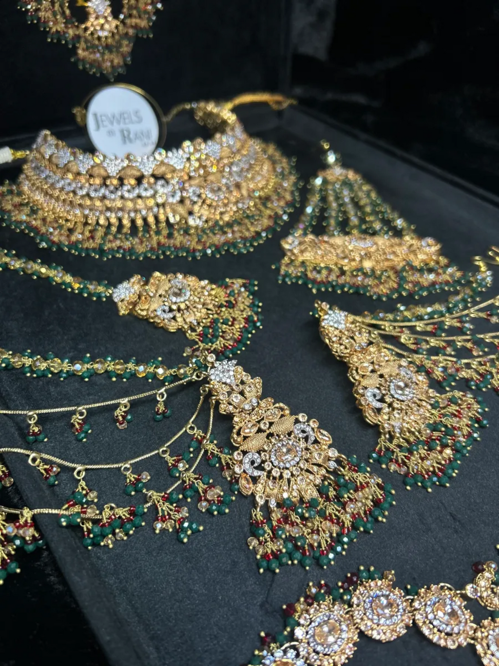 PRE ORDER 6 Weeks - Green, Deep red and Silver Necklace Set + Mala + Hand Piece - 24crt Gold Plated - Jewelsbyrani