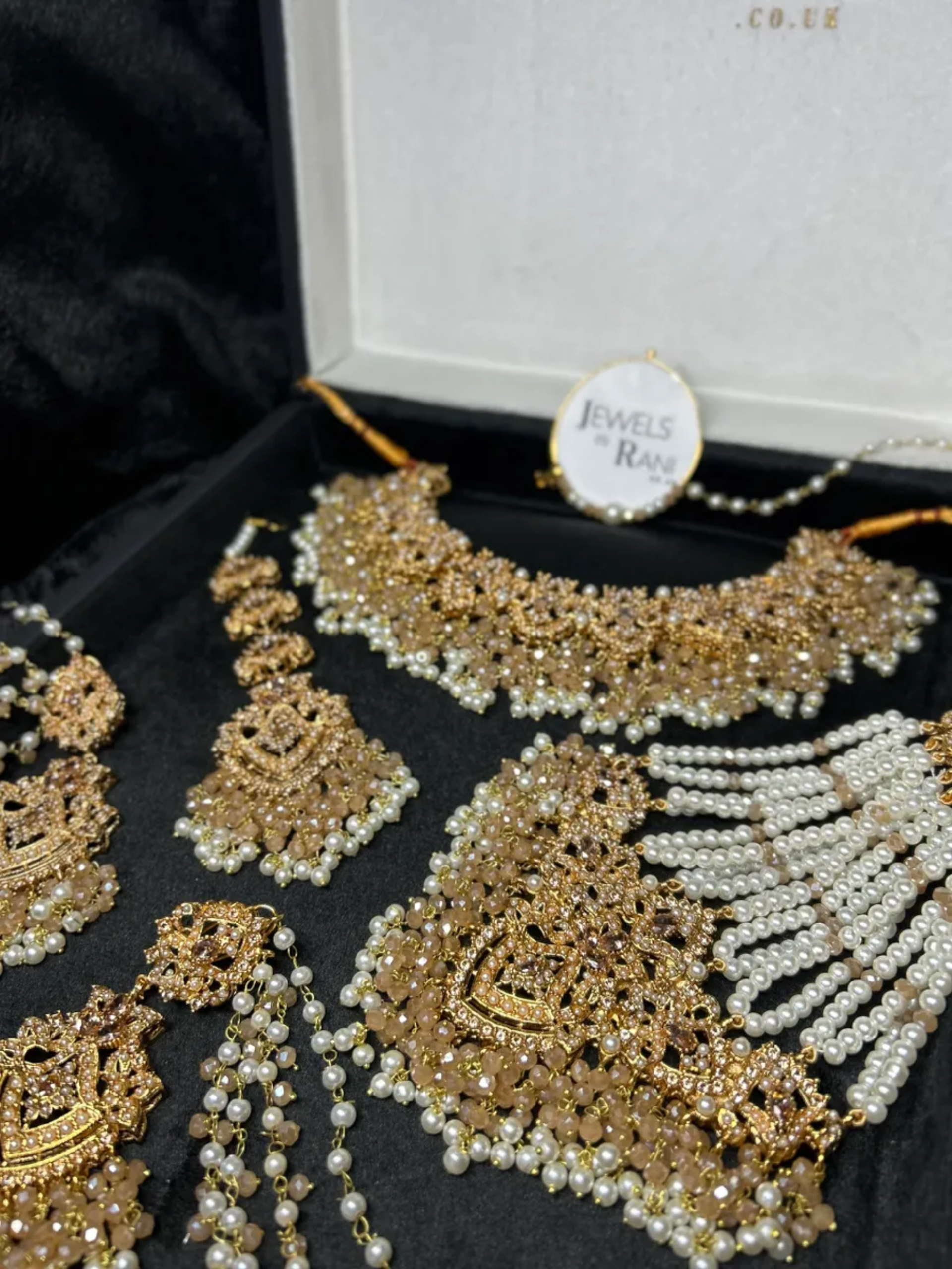Beautiful Ivory/ Gold & White Heavily Beaded Bridal Jewellery Set - Jewelsbyrani