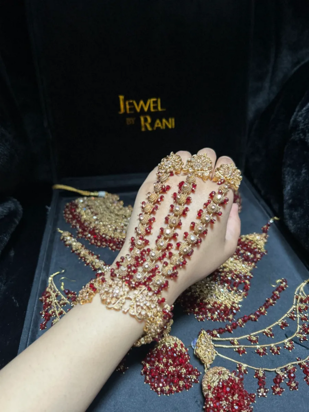 Pre Order 6 Weeks - 24crt Gold Plated Maroon Bridal Hand Piece ONLY |Angla - Jewelsbyrani