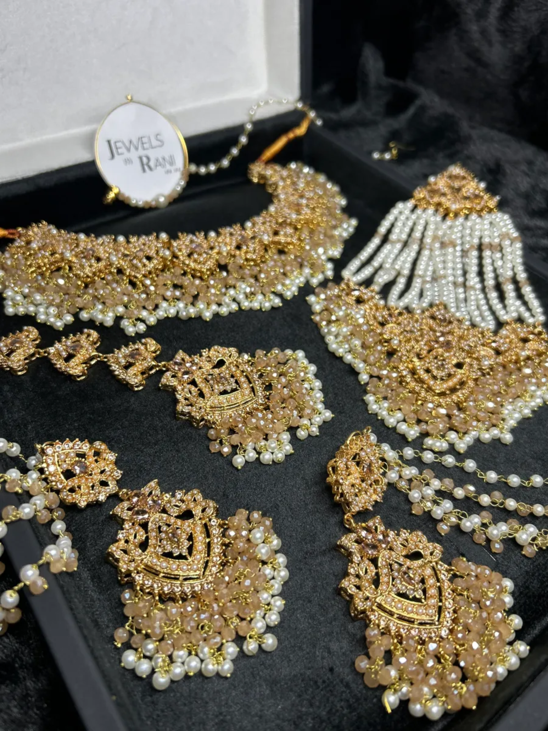 Beautiful Ivory/ Gold & White Heavily Beaded Bridal Jewellery Set - Jewelsbyrani