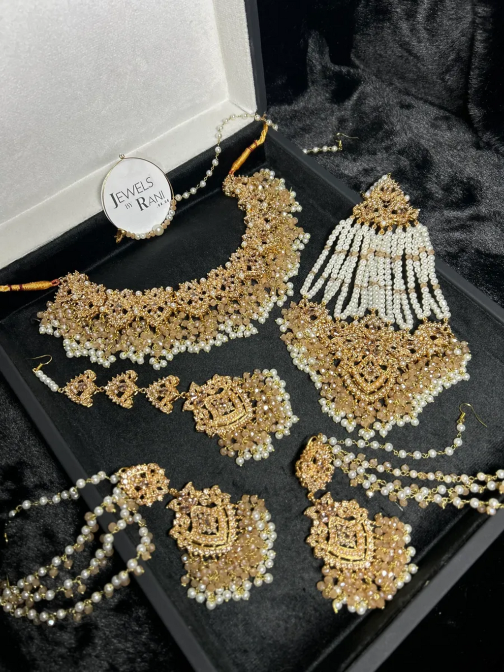 Beautiful Ivory/ Gold & White Heavily Beaded Bridal Jewellery Set - Jewelsbyrani