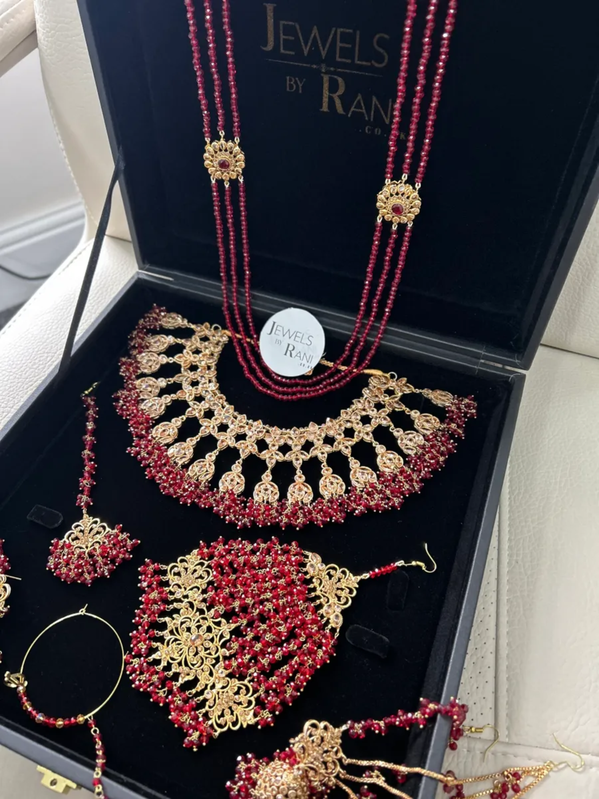 Full Pakistani Bridal - Set Deep Red Bridal Jewellery Set with Mala - Jewelsbyrani