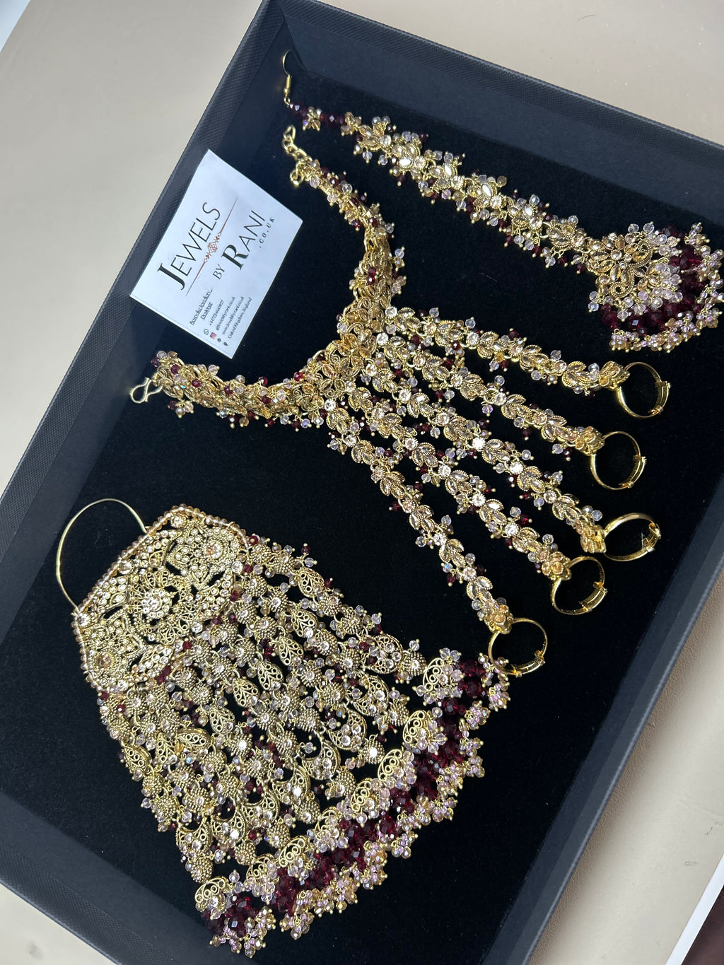 Pre Order 6 Weeks: 22crt Gold Plated Hand Piece, Jhumar & Tikka