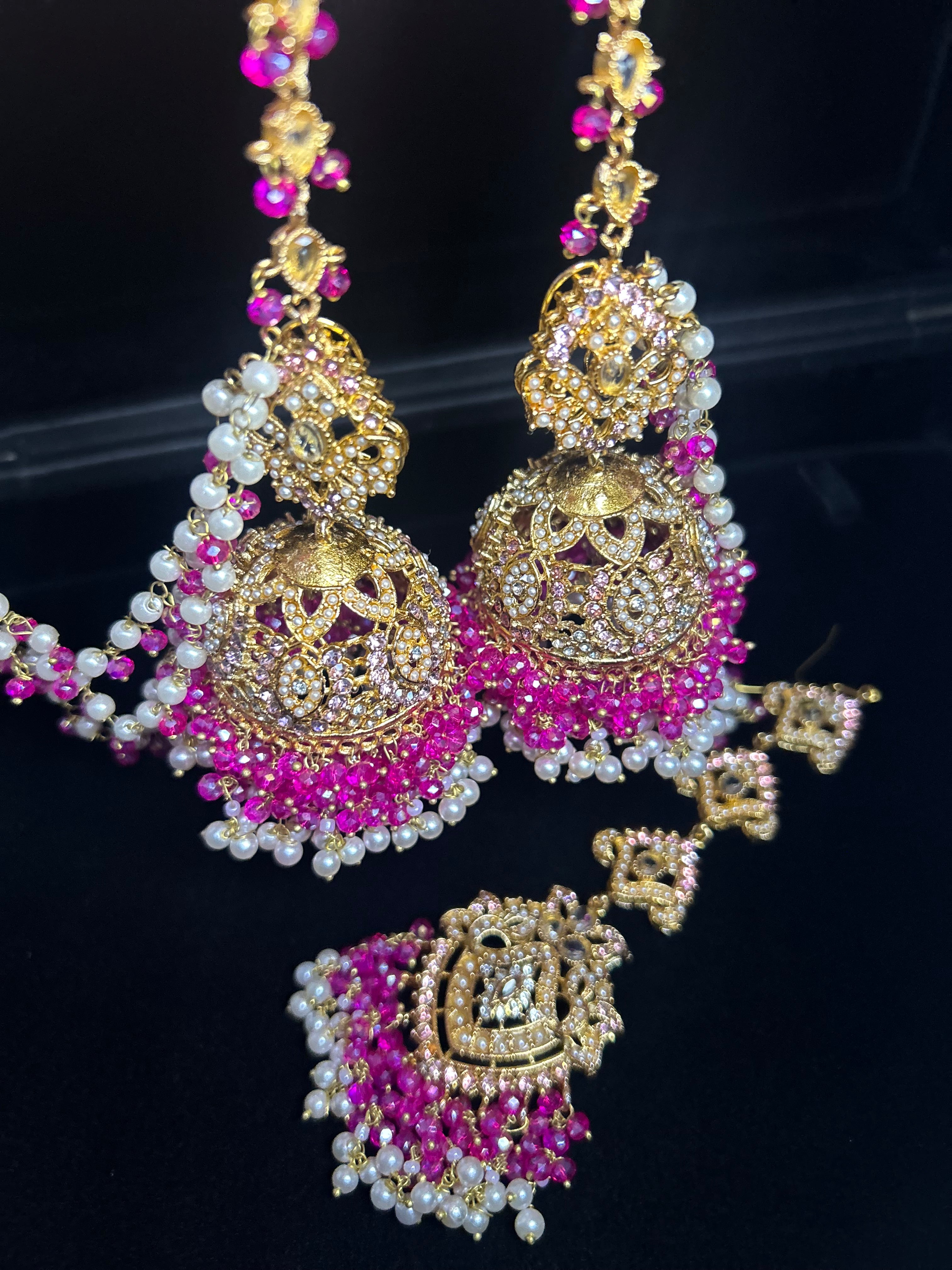 Hot pink and White Multi Coloured Jhumkes & Tikka Set