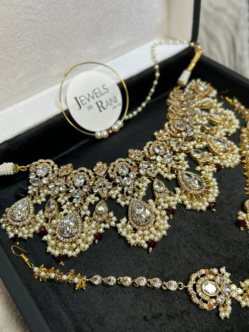 Beautiful Maroon, Pearly White & Gold 22 crt Gold Plated Bridal Jewellery Set