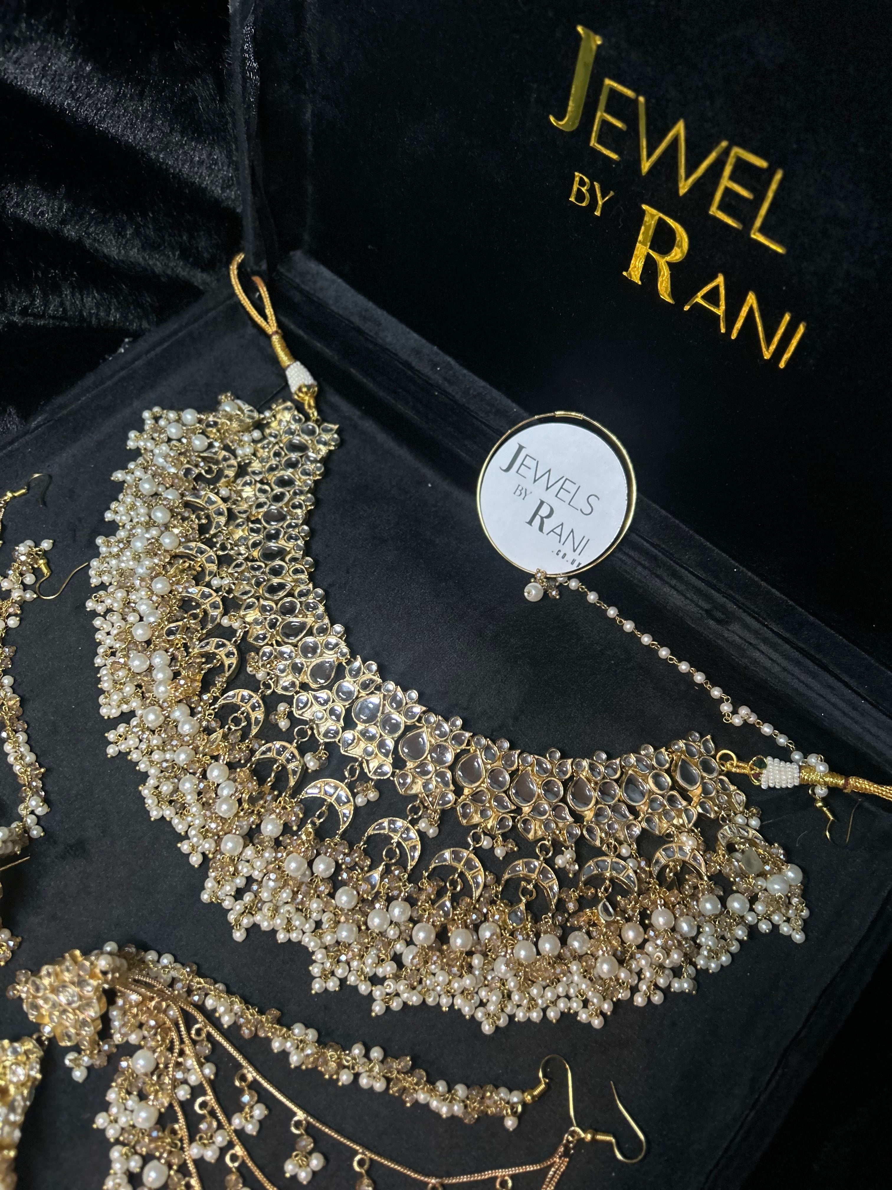 Pre order 6 Weeks - White Kundan Bridal Jewellery Set Matha Patti, Necklace and Jhumkies + nose ring 22crt Gold Plated