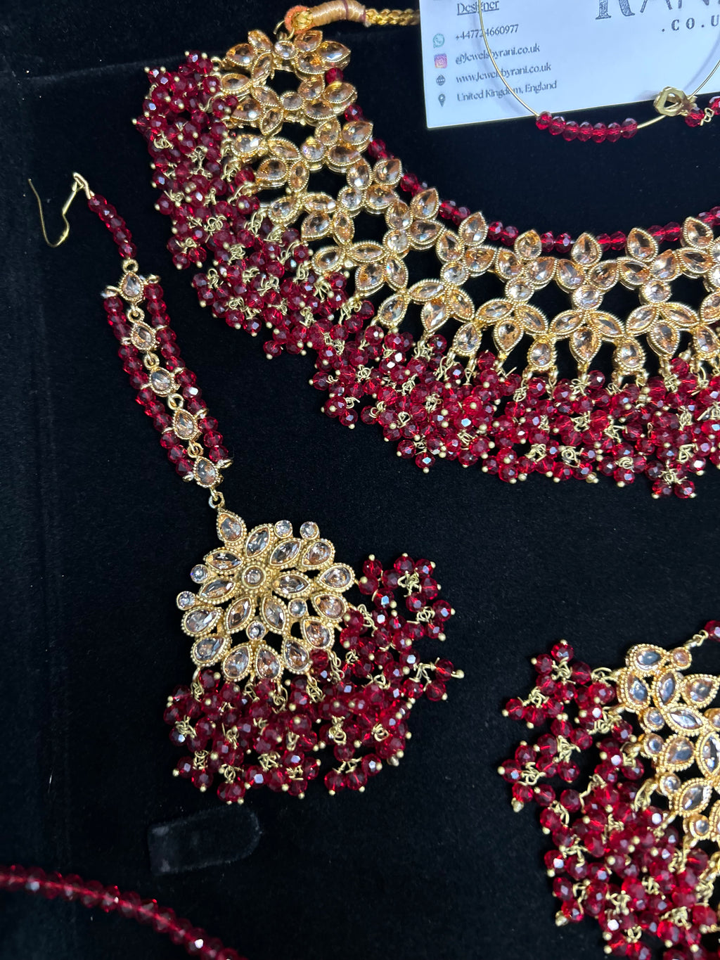 Deep Red Necklace set, with heavily beaded Earrings & tikka