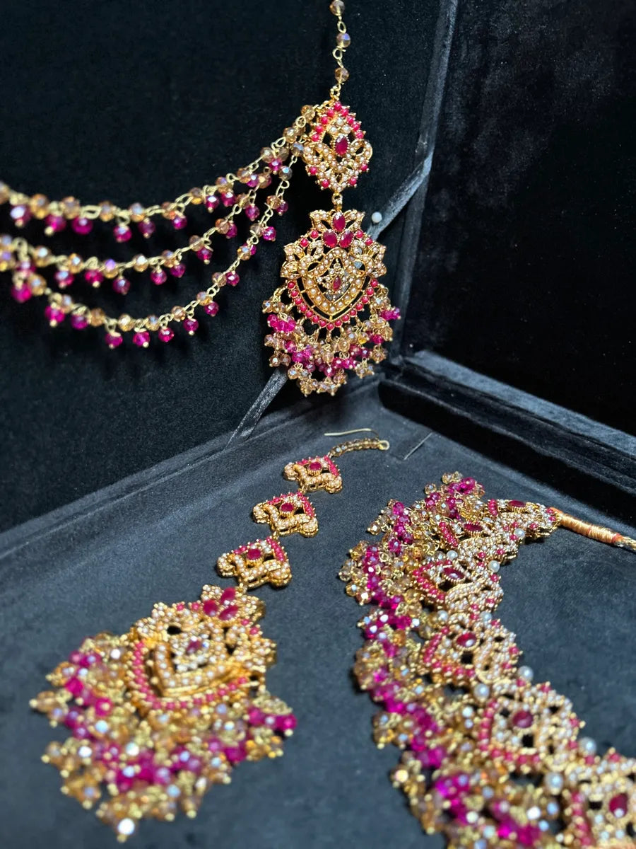 Beautiful Hot Pink & Gold Bridal Necklace Mehndi Set - Jewelsbyrani