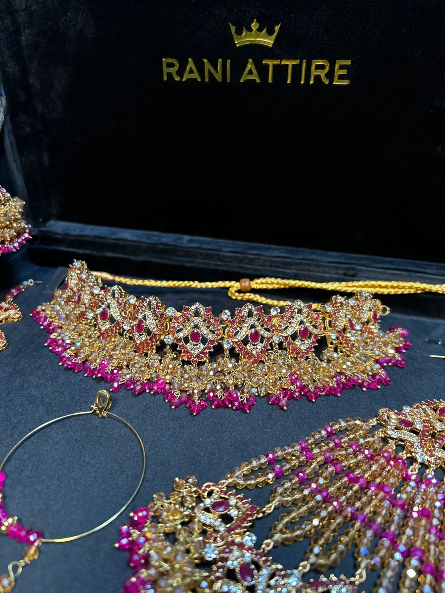 Beautiful Mehndi Choker Hot Pink & Gold Bridal Set - Jewelsbyrani