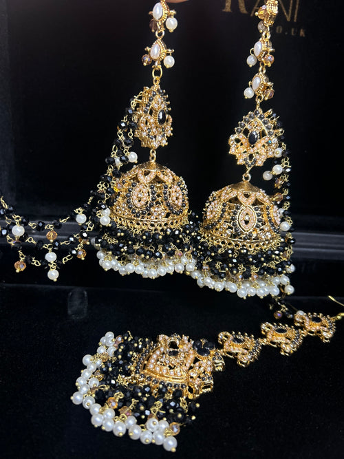 Black and White Multi Coloured Jhumkes & Tikka Set