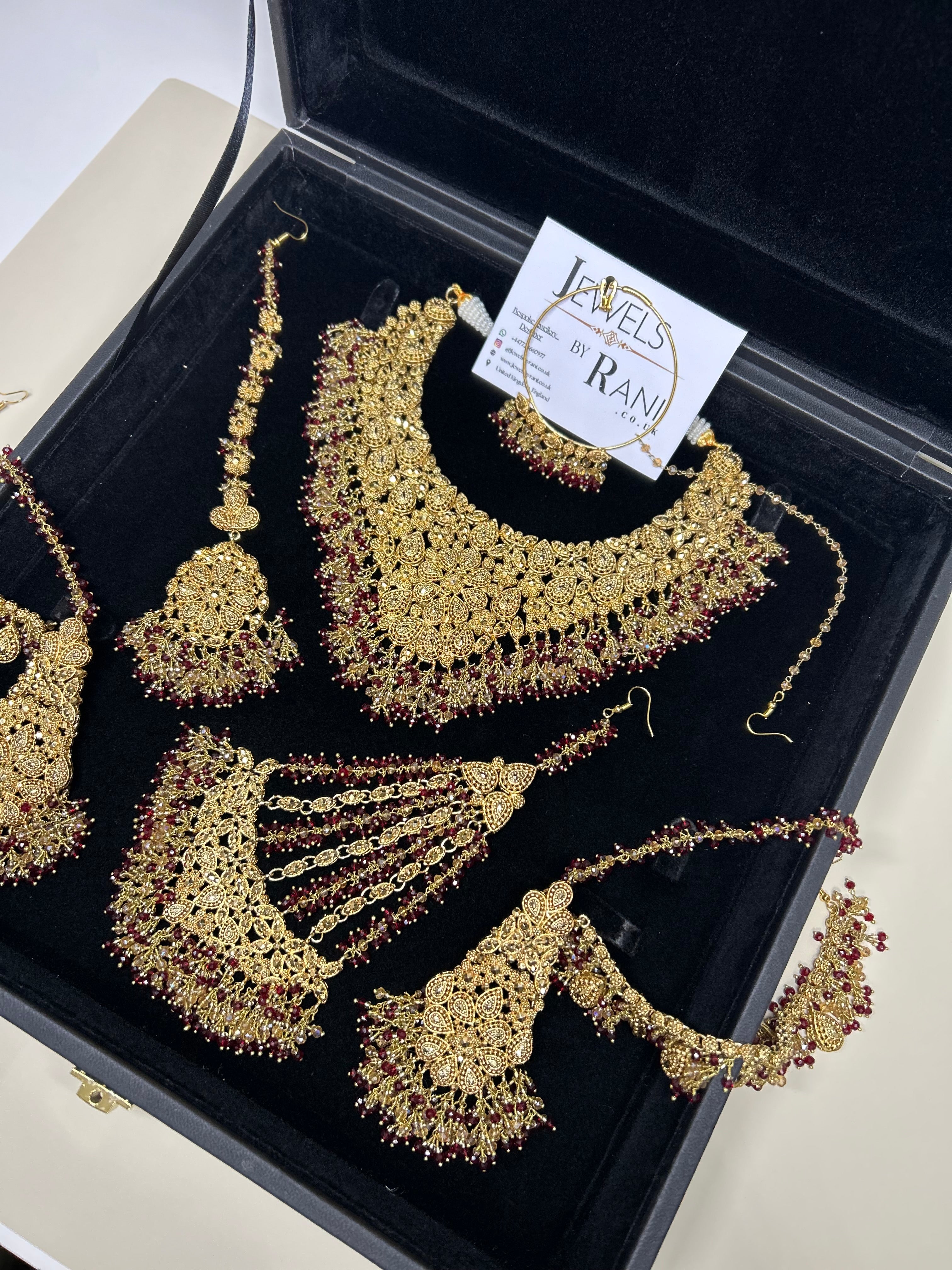 PRE ORDER: 6 Week Making time- Beautiful Maroon & Gold 22crt Gold Plated Bridal Jewellery Set (flat necklace)