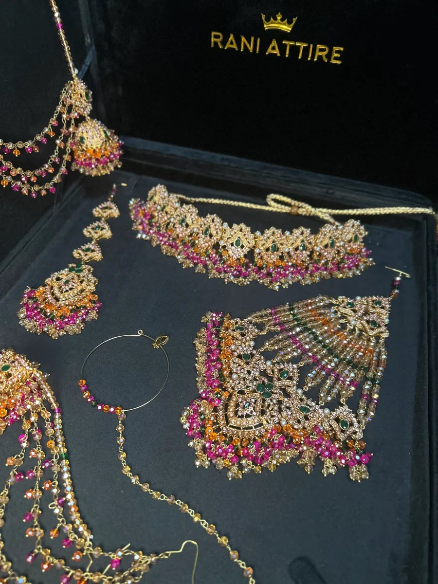 Multi Choker Green, Orange & Hot Pink coloured necklace set, with heavily beaded Jhumkies & tikka | Gold Stones