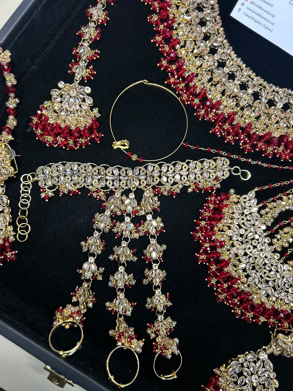 PRE ORDER: 6 Week Making time- Beautiful Deep Red & Gold 22 crt Gold Plated Bridal Jewellery Set + hand piece