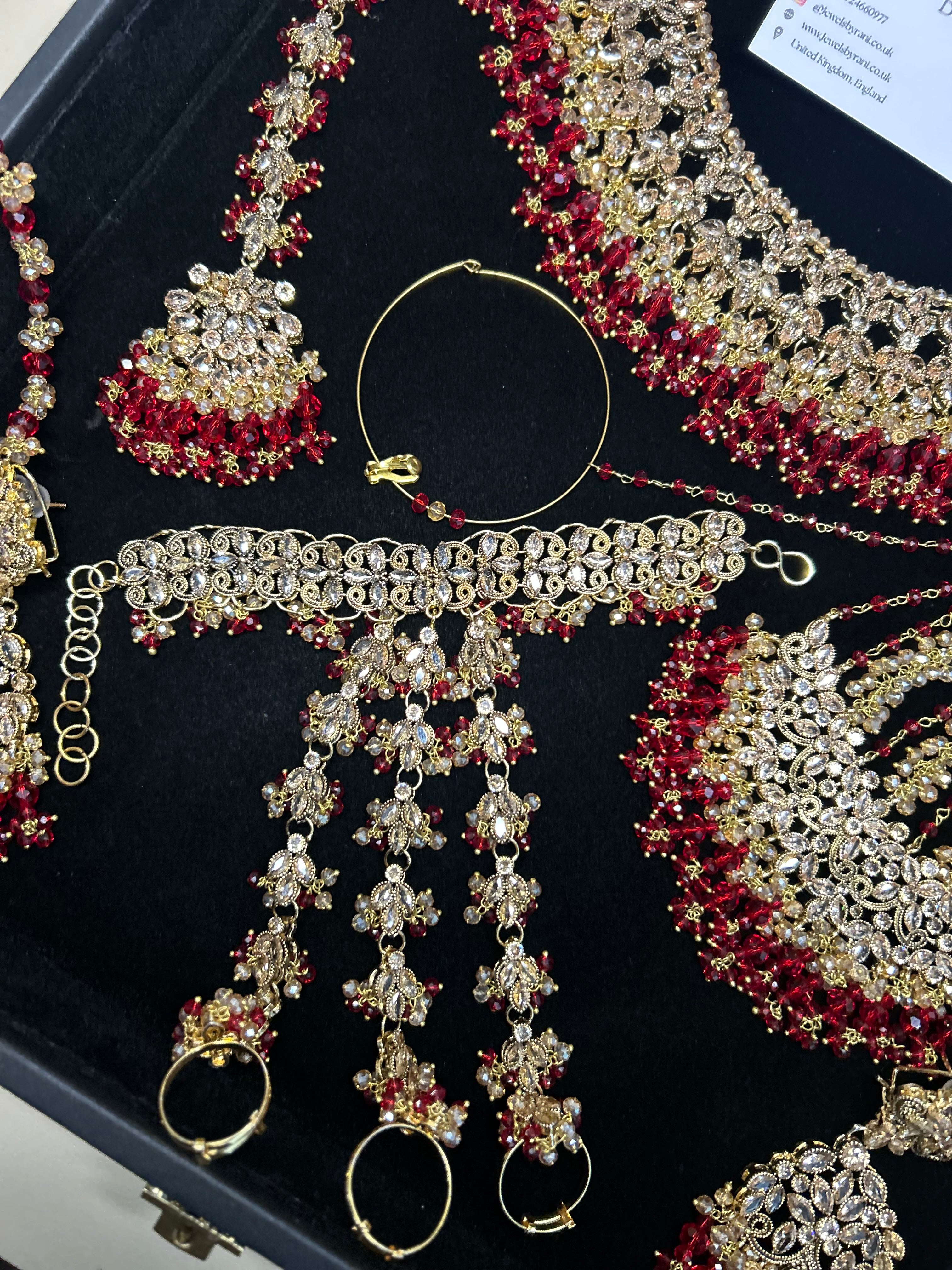 PRE ORDER: 6 Week Making time- Beautiful Deep Red & Gold 22 crt Gold Plated Bridal Jewellery Set + hand piece