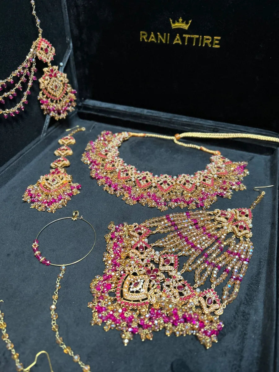 Beautiful Hot Pink & Gold Bridal Necklace Mehndi Set - Jewelsbyrani