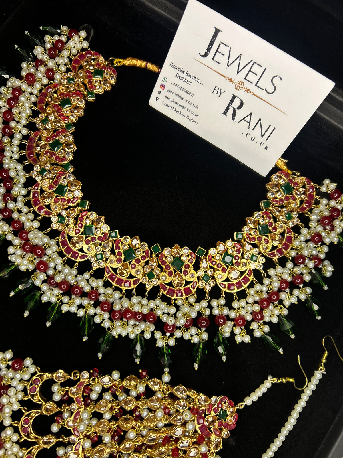 Beautiful Dark Red, Green Drop Crystal and White Kundan Full Bridal Jewellery Set/ Style 17304